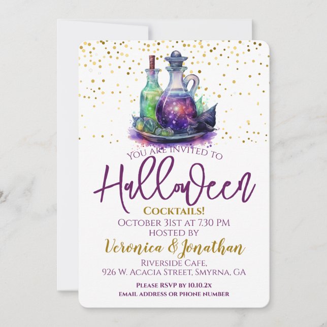 Purple Gold Halloween Cocktail Party Invitation (Front)