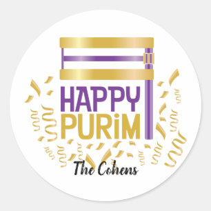Purple Gold Happy Purim and Grogger Classic Round Sticker