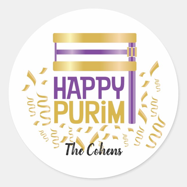 Purple Gold Happy Purim and Grogger Classic Round Sticker (Front)