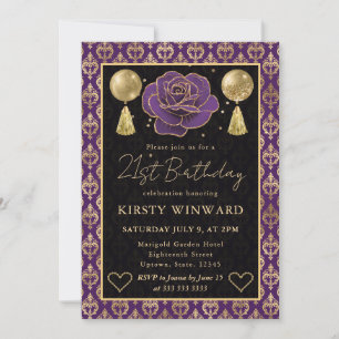 Purple & Gold Heart Damask & Rose 21st Birthday Invitation