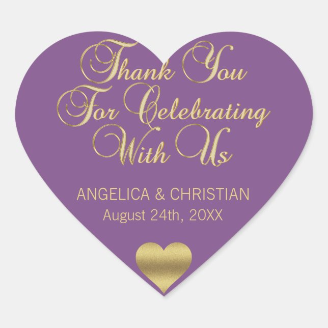 PURPLE Gold Heart Thank you Wedding Seals (Front)