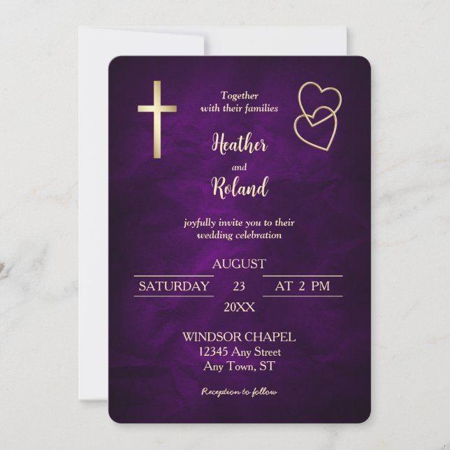 Purple Gold Hearts Christian Cross Wedding  Invitation (Front)
