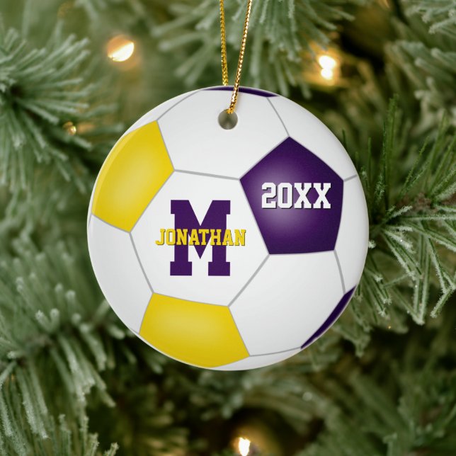purple gold his her school team colours soccer ceramic ornament (Tree)