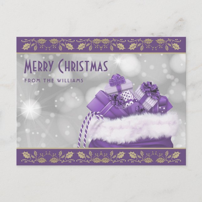 Purple Gold Holly Christmas Presents Holiday Postcard (Front)