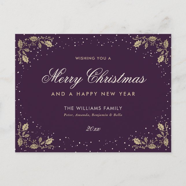 Purple Gold Holly Snow Holiday Postcard (Front)