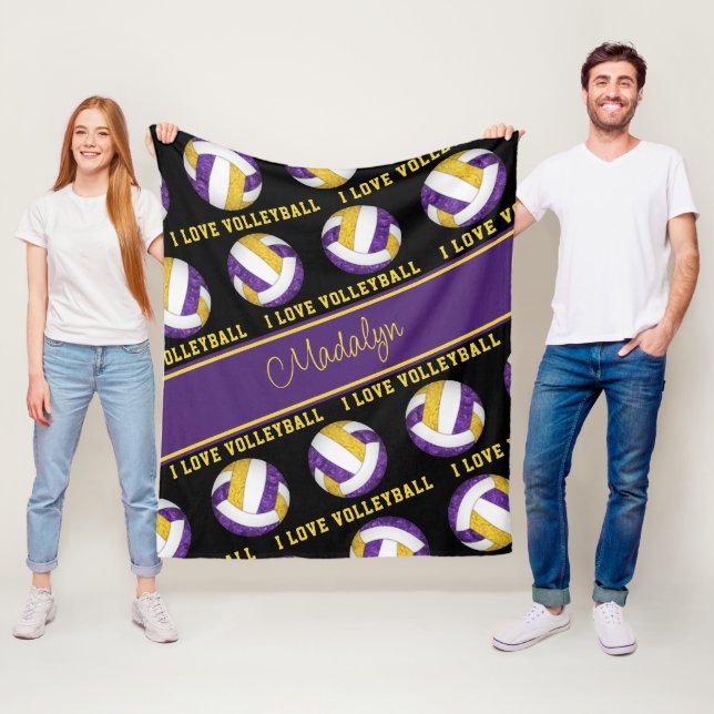 purple gold I love volleyball girly personalized Fleece Blanket (In Situ)