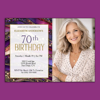 Purple Gold Jewelled Strata 70th Birthday Photo Invitation