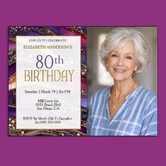 Purple Gold Jewelled Strata 80th Birthday Photo Invitation