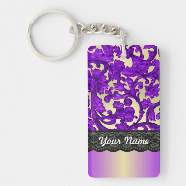 Purple & gold lace damask keychain (Front)