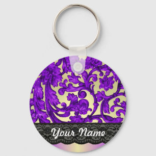Purple & gold lace damask keychain