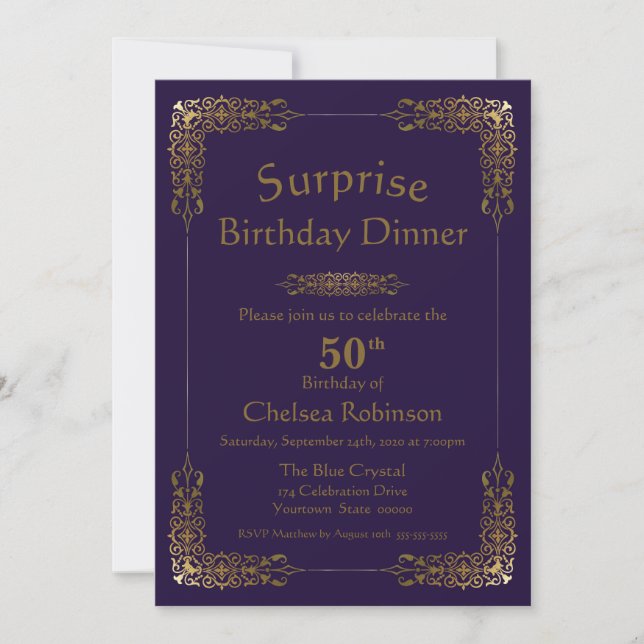 Purple Gold Lace Surprise 50th Birthday Dinner Invitation (Front)