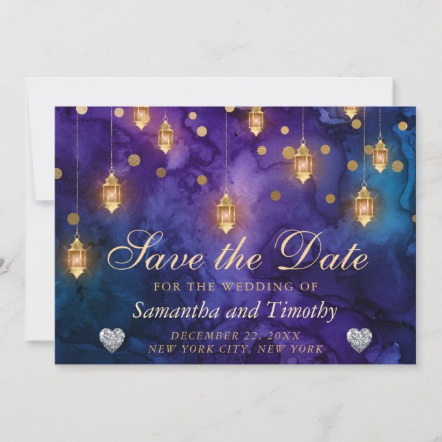 Purple & Gold Lantern Sparkling Hearts Wedding Invitation (Front)