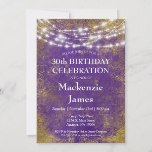 Purple Gold Lights Birthday Party Invitation Adult