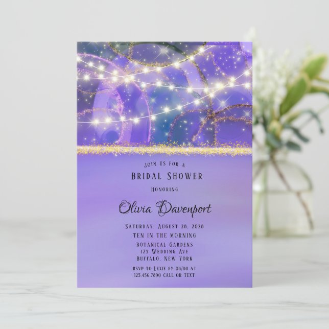Purple Gold Lights Ethereal Ink Bridal Shower Invitation (Standing Front)