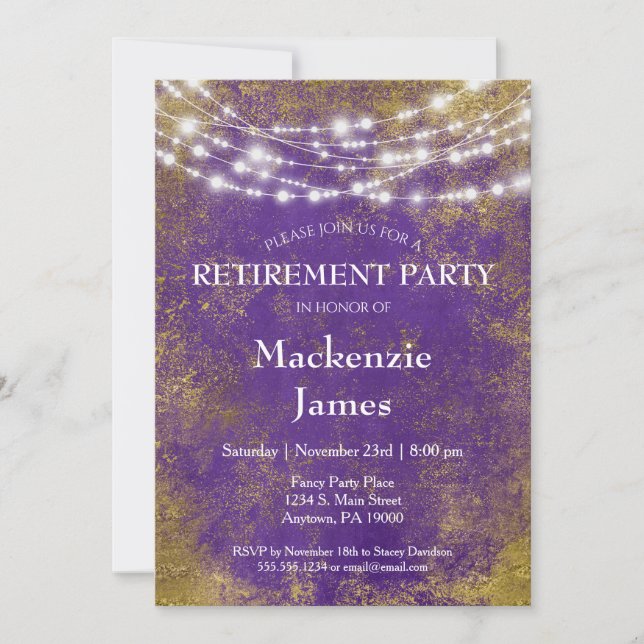 Purple Gold Lights Retirement Party Invitation (Front)