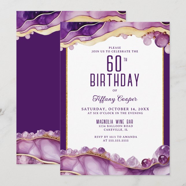 Purple Gold Marble 60th Birthday Invitation (Front/Back)