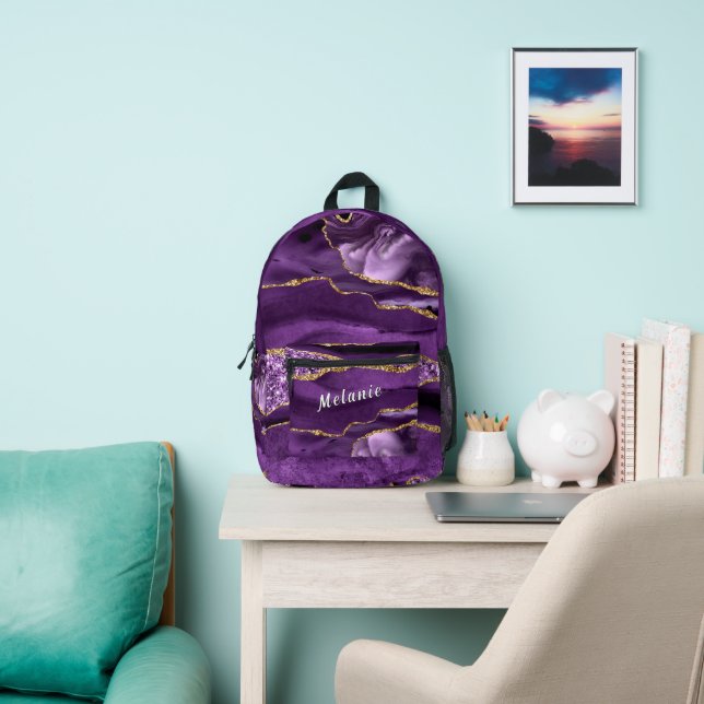 Purple Gold Marble Backpack with Custom Name (Insitu)