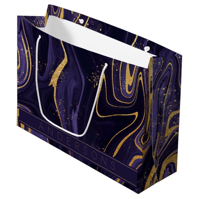 Purple Gold Marble Effect Name Merry Christmas Large Gift Bag (Front Angled)