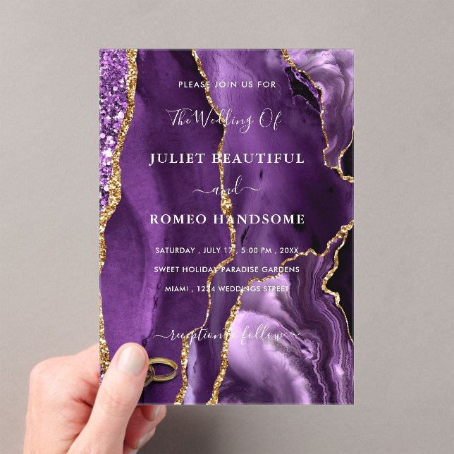 Purple Gold Marble Wedding Invitation with Rings (Insitu (Handheld))