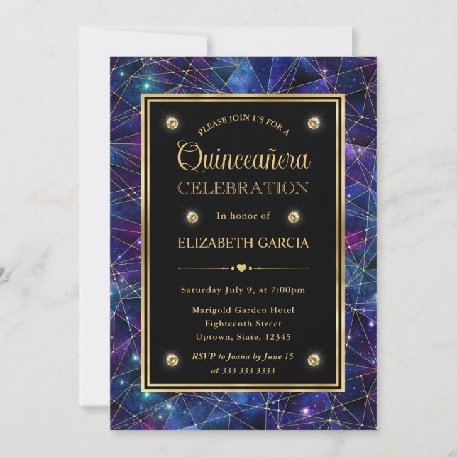 Purple & Gold Midnight Crystal Galaxy Quinceanera Invitation (Front)