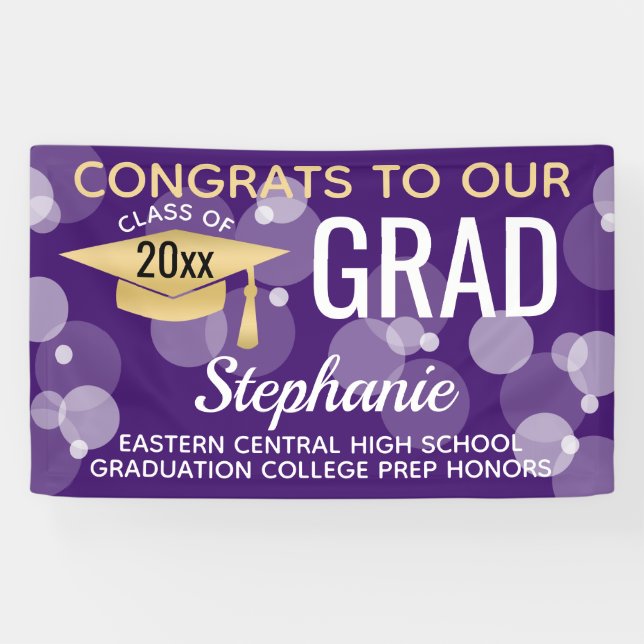 Purple Gold Modern Bubble Congrats Grad Graduation Banner (Horizontal)