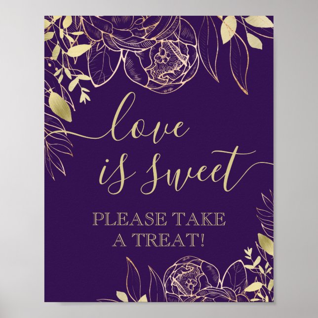 Purple & Gold Modern Floral Sweet Favor Table Poster (Front)