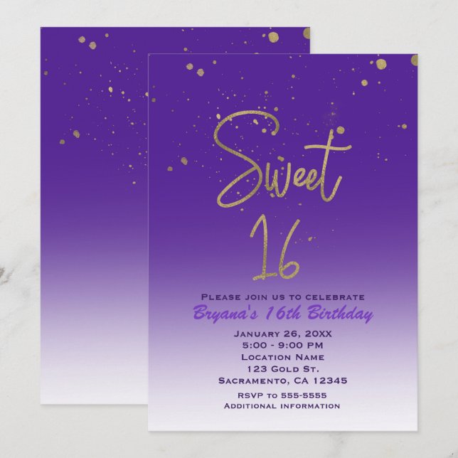 Purple & Gold Modern Glam SWEET 16 Birthday Party Invitation (Front/Back)