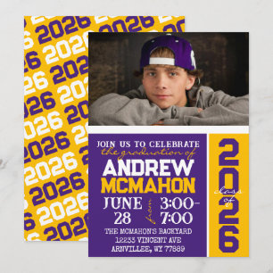 Purple & Gold Modern Graduation Photo Invitation