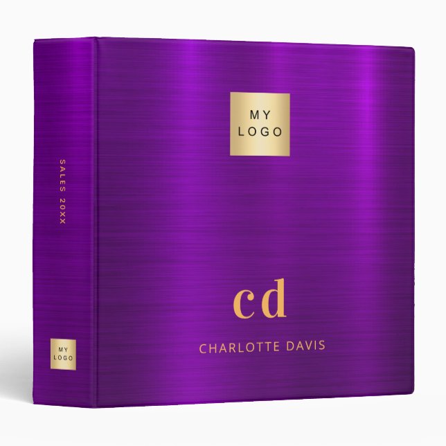 Purple gold monogram initials business logo binder (Front/Spine)