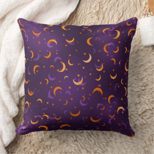 Purple Gold Moon & Stars Cotton Halloween Throw Pillow