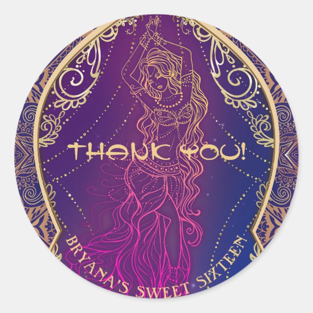 Purple & Gold Moroccan Arabian Belly Dancing Party Classic Round Sticker (Front)