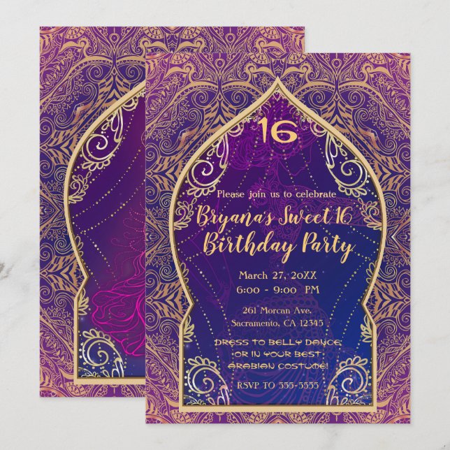 Purple & Gold Moroccan Arabian Belly Dancing Party Invitation (Front/Back)