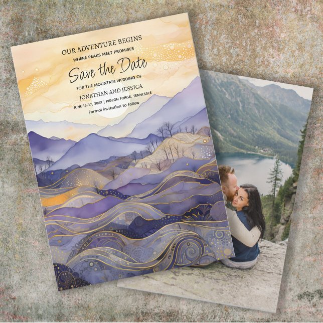 Purple Gold Mountain Wedding Photo Save Date  Save The Date (Purple and gold mountain wedding Save the Date photo card)