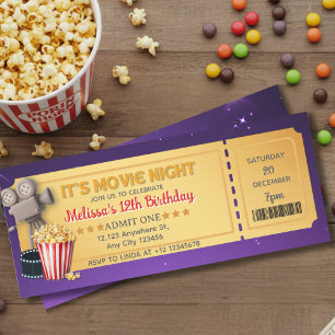 Purple Gold Movie Night Ticket Birthday Party   Invitation