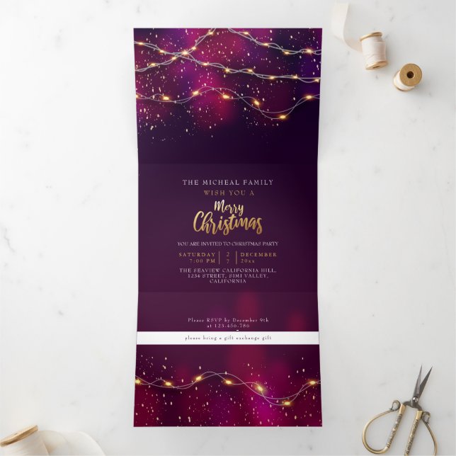Purple gold Neon lighting Custom Christmas year Tri-Fold Invitation (Inside)