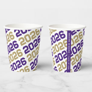 Purple & Gold on White Class Year Graduation Paper Cups