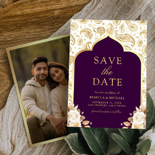 Purple Gold Paisley Floral Indian Wedding Photo Save The Date
