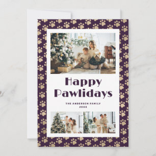 Purple Gold Paw Prints Photo Happy Pawlidays Holiday Card