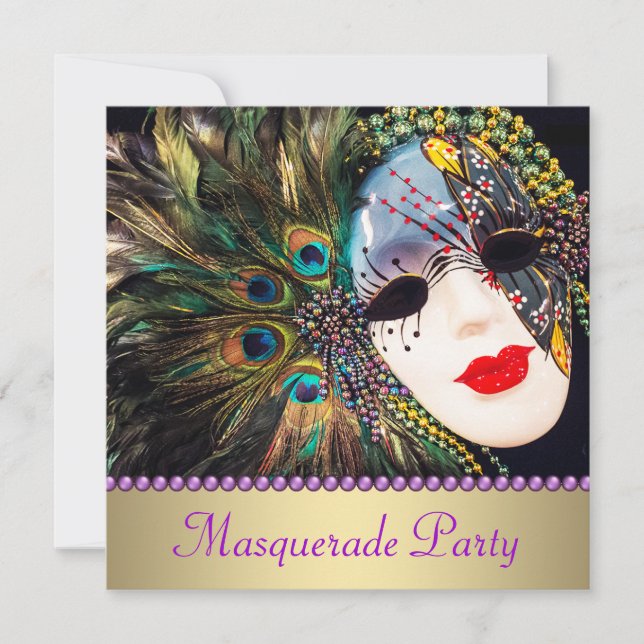 Purple Gold Peacock Feather Mask Masquerade Party Invitation (Front)