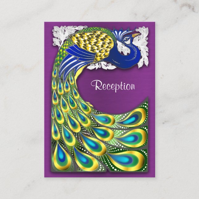 Purple & Gold Peacock Wedding Reception Cards (Front)