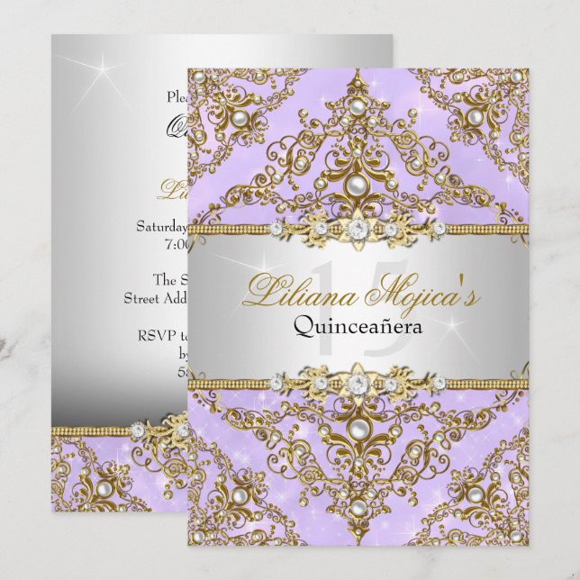 Purple & Gold Pearl Damask Quinceanera Invitation (Devant / Derrière)