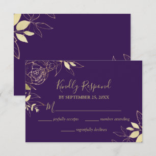 Purple & Gold Peony Modern Floral Wedding RSVP Card