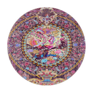 Purple Gold Persian Floral Flowers Peacock Glass Cutting Board