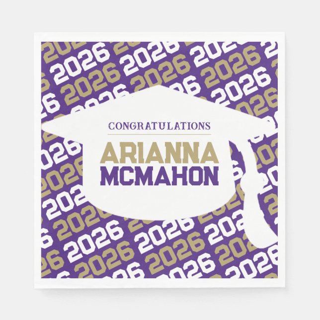 Purple & Gold Personalized Graduation Cap Paper Napkin (Front)
