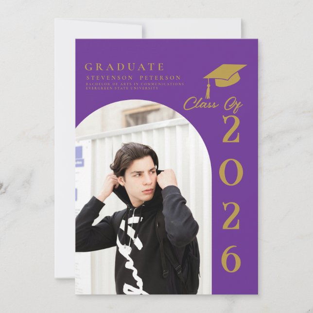 Purple & Gold Photo Graduation announcement (Front)
