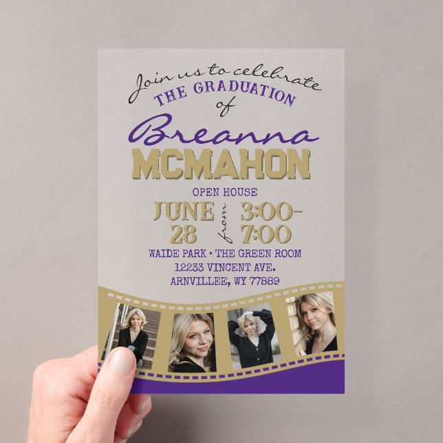 Purple & Gold Photo Graduation Filmstrip Frosted Acrylic Invitations (Insitu (Handheld))