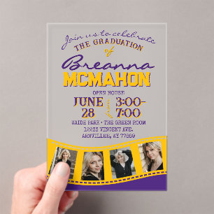 Purple & Gold Photo Graduation Filmstrip Frosted Acrylic Invitations
