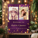 Purple gold photo stars 2 persons birthday welcome poster<br><div class="desc">A photo welcome poster for 2 persons,  friends,  sisters,  twins.  A purple,  uneven coloured background,  decorated with faux gold stars. Personalize and add 2 photos,  names and date(s)</div>