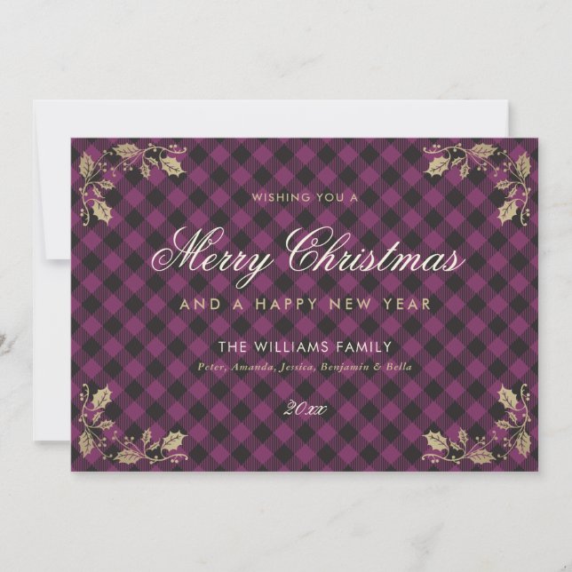 Purple Gold Plaid Noël Joyeuses Cartes du Nouvel A (Devant)