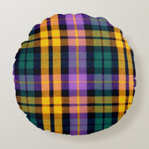 Purple Gold Plaid Round Pillow